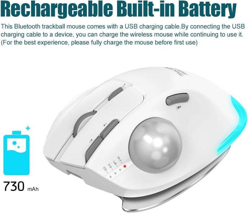 ZELOTES Trackball Mouse,Rechargeable Wireless Bluetooth Mouse,4800 DPI (5-Level Adjustable), Dual Mode (BT 5.0/3.0 + 2.4G USB Receiver),LED Lighting,Ergonomic Design,for Laptop, PC, Pad (White) - Image 5